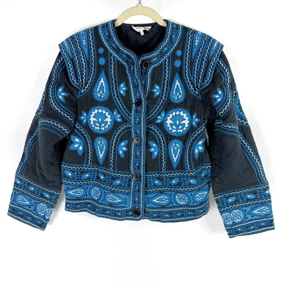 Sea New York Gael Quilted Jacket Black Blue Embroidered Paisley Boho Sz L